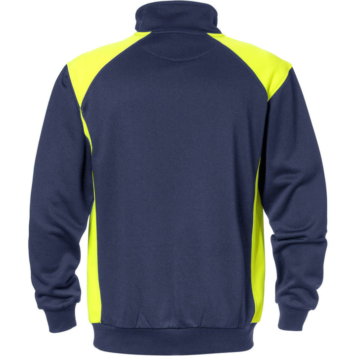 Fristads Moisture-Wicking UV-Protective Half-Zip Sweatshirt - 7048 SHV Navy/Hi-Vis Yellow Back1#colour_navy-hi-vis-yellow