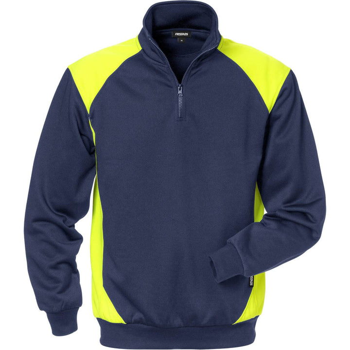 Fristads Moisture-Wicking UV-Protective Half-Zip Sweatshirt - 7048 SHV Navy/Hi-Vis Yellow Front1#colour_navy-hi-vis-yellow