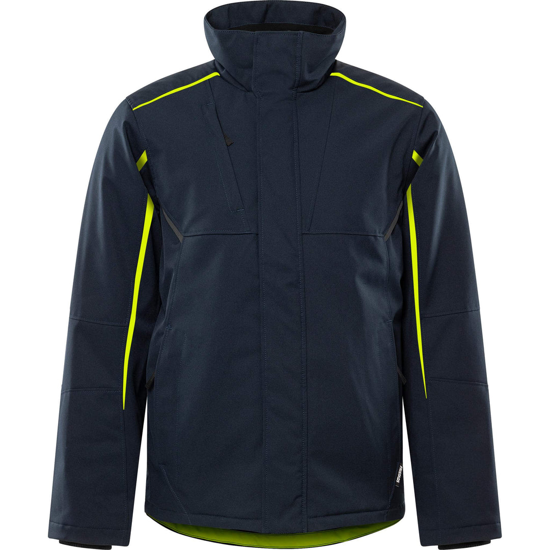 Fristads Softshell Stretch Windproof Water Repellent Winter Jacket - 4931 GSW Dark Navy/Hi-Vis Yellow Front1#colour_dark-navy-hi-vis-yellow