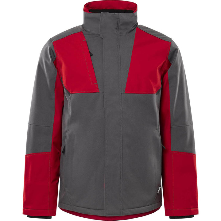 Fristads Softshell Stretch Windproof Water Repellent Winter Jacket - 4931 GSW Grey/Red Front1#colour_grey-red