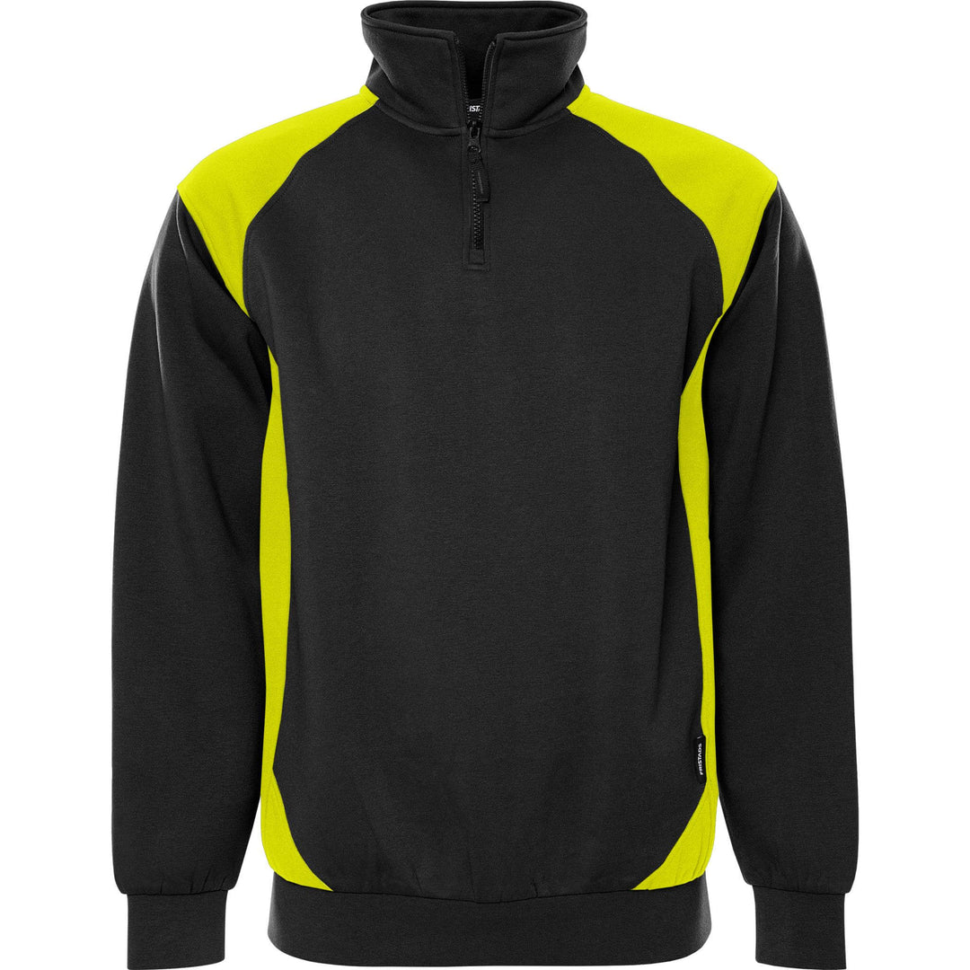 Fristads UV-Protective Half-Zip Sweatshirt - 7048 GSM Black/Hi-Vis Yellow Front1#colour_black-hi-vis-yellow