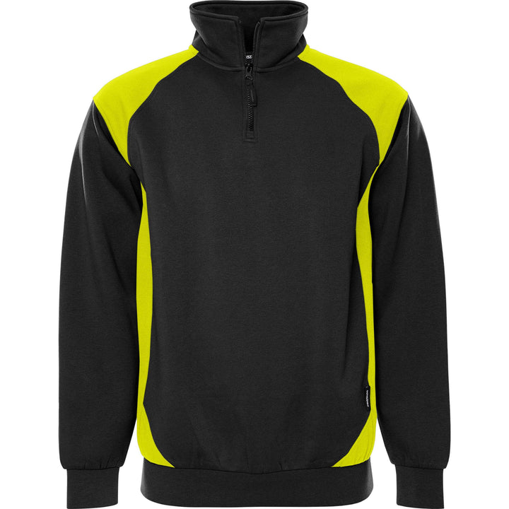 Fristads UV-Protective Half-Zip Sweatshirt - 7048 GSM Black/Hi-Vis Yellow Front1#colour_black-hi-vis-yellow