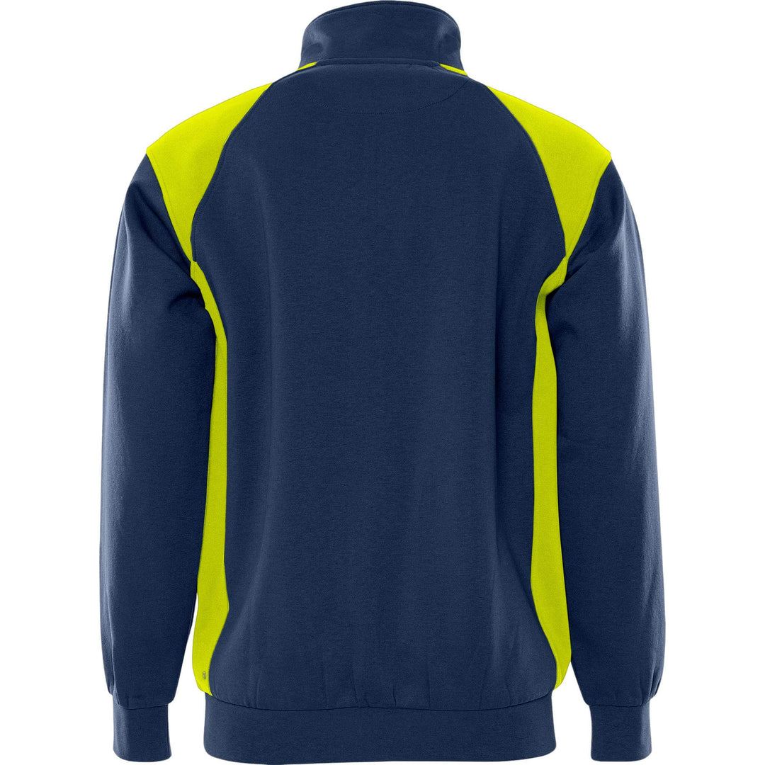 Fristads UV-Protective Half-Zip Sweatshirt - 7048 GSM Navy/Hi-Vis Yellow Back1#colour_navy-hi-vis-yellow