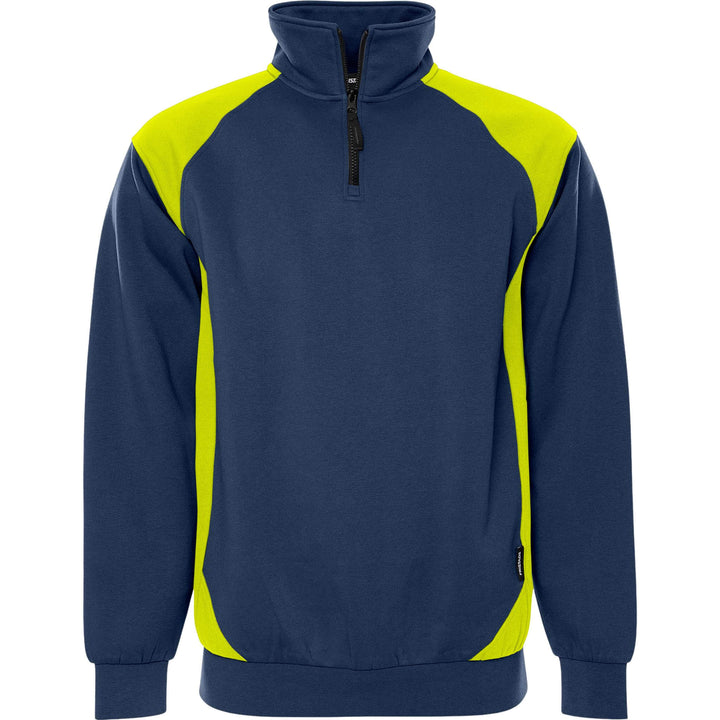 Fristads UV-Protective Half-Zip Sweatshirt - 7048 GSM Navy/Hi-Vis Yellow Front1#colour_navy-hi-vis-yellow