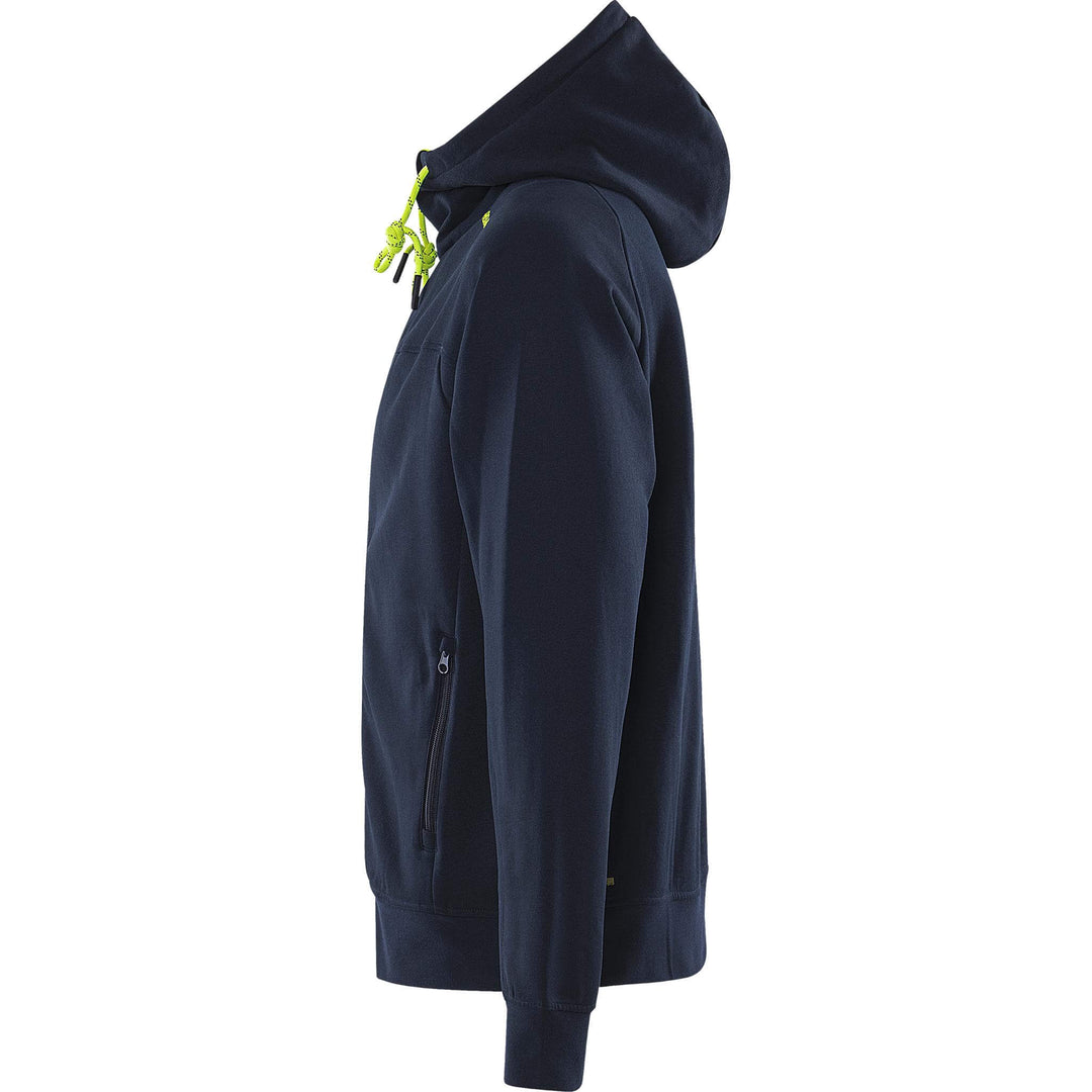 Fristads UV-Protective Hooded Sweatshirt Jacket - 7550 GSM Dark Navy/Hi-Vis Yellow Back2#colour_dark-navy-hi-vis-yellow