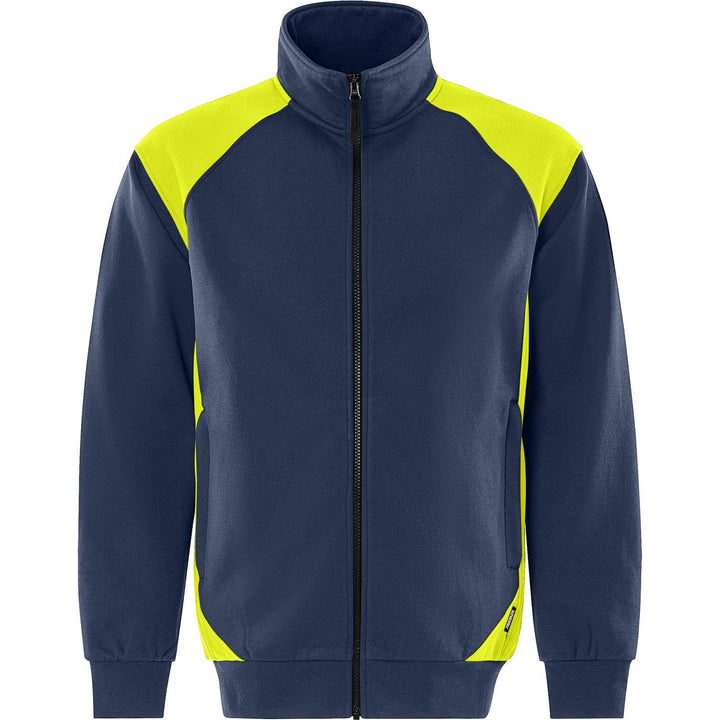 Fristads UV-Protective Sweatshirt Jacket - 7248 GSM Navy/Hi-Vis Yellow Front1#colour_navy-hi-vis-yellow