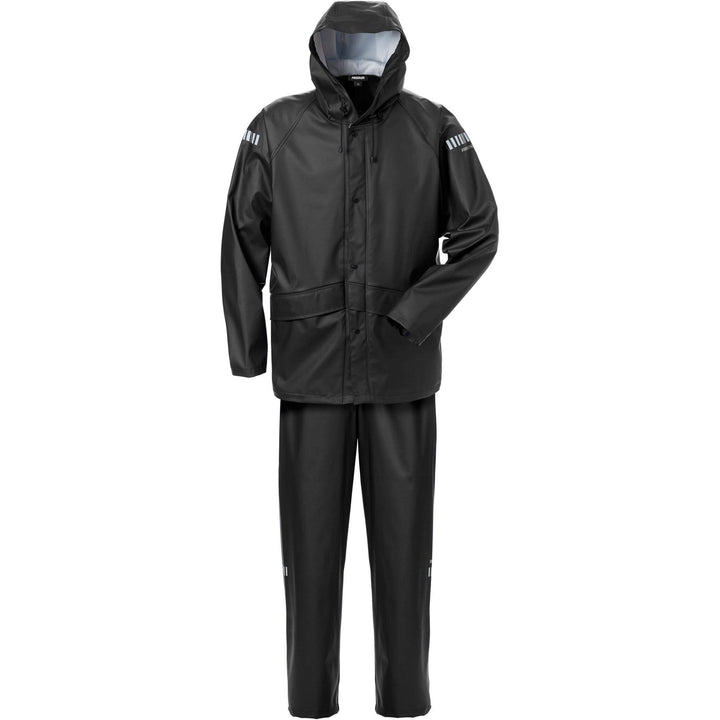 Fristads Waterproof Breathable Hooded Rain Jacket and Trousers Set - 4099 LRS Black Front1#colour_black