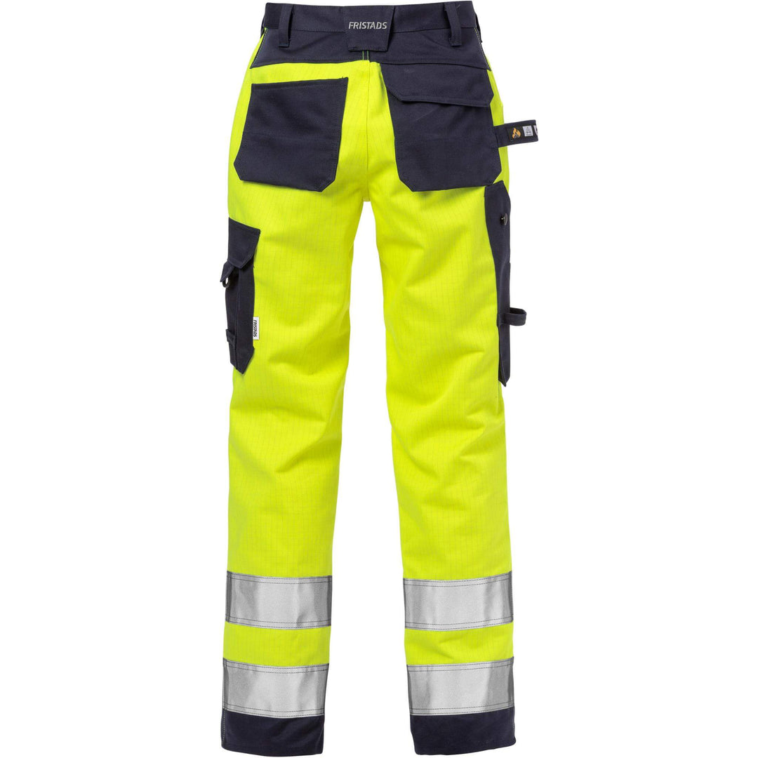 Fristads Womens Flame Retardant Arc and Multi-Protective Hi-Vis Craftsman Holster Pocket Trousers Class 2 - 2589 FLAM Hi-Vis Yellow/Navy Back1#colour_hi-vis-yellow-navy