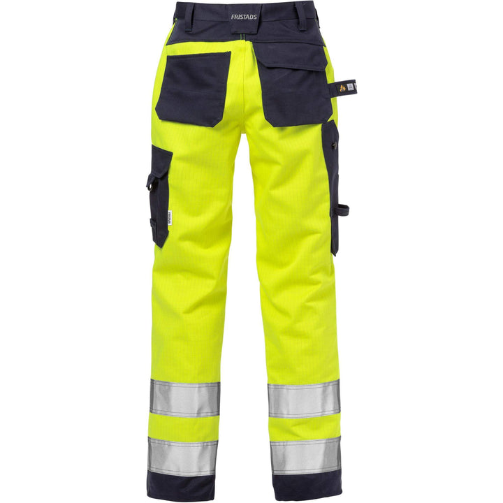 Fristads Womens Flame Retardant Arc and Multi-Protective Hi-Vis Craftsman Holster Pocket Trousers Class 2 - 2589 FLAM Hi-Vis Yellow/Navy Back1#colour_hi-vis-yellow-navy
