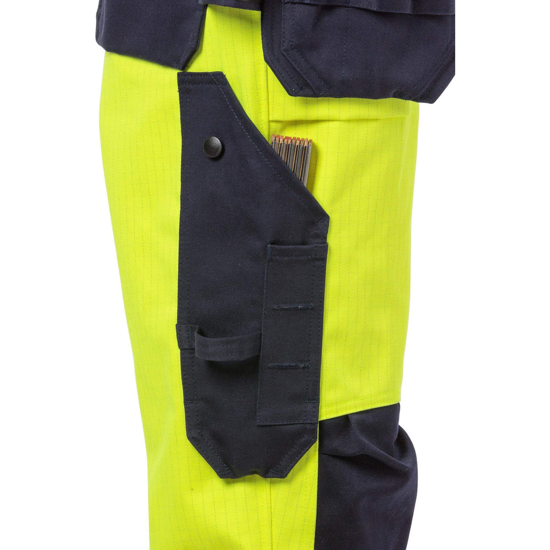 Fristads Womens Flame Retardant Arc and Multi-Protective Hi-Vis Craftsman Holster Pocket Trousers Class 2 - 2589 FLAM Hi-Vis Yellow/Navy Detail1#colour_hi-vis-yellow-navy