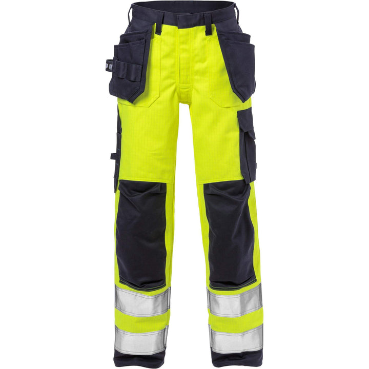 Fristads Womens Flame Retardant Arc and Multi-Protective Hi-Vis Craftsman Holster Pocket Trousers Class 2 - 2589 FLAM Hi-Vis Yellow/Navy Front1#colour_hi-vis-yellow-navy