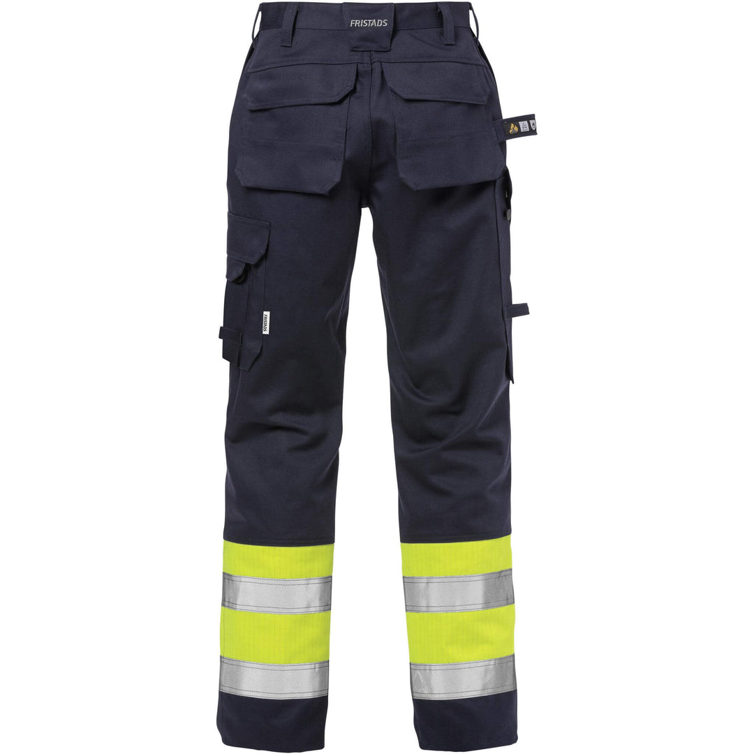 Fristads Womens Flame Retardant Arc and Multi-Protective Hi-Vis Trousers Class 1 - 2591 FLAM Hi-Vis Yellow/Navy Back1#colour_hi-vis-yellow-navy