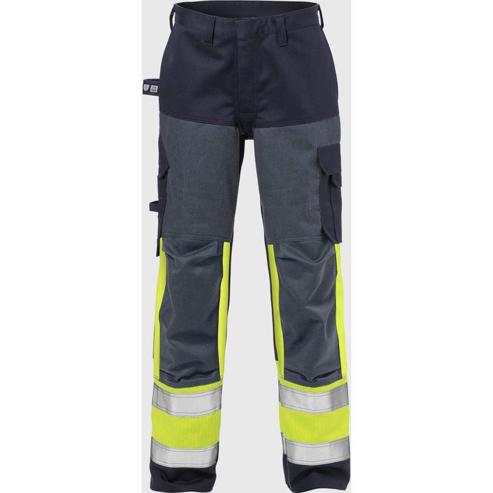 Fristads Womens Flame Retardant Arc and Multi-Protective Hi-Vis Trousers Class 1 - 2591 FLAM Hi-Vis Yellow/Navy Front1#colour_hi-vis-yellow-navy