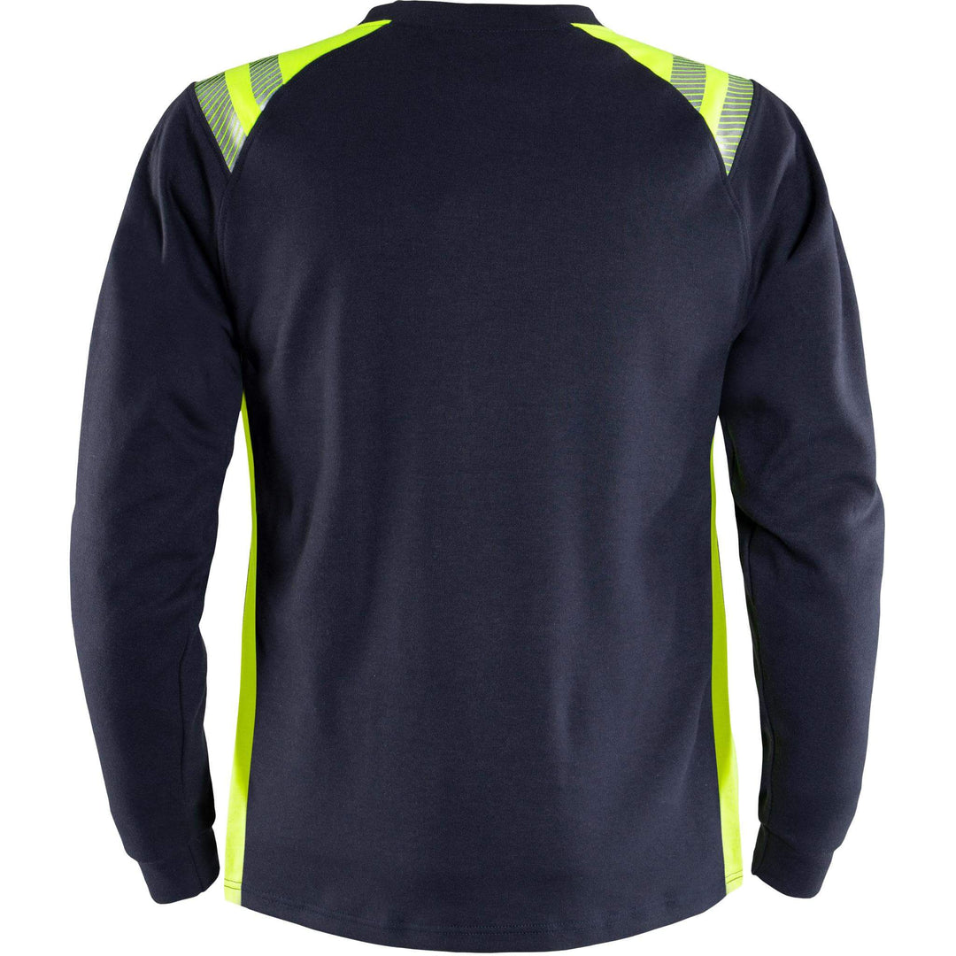 Fristads Womens Flamestat Arc and Multi-Protective Flame Retardant Long Sleeve T-Shirt - 7358 TFL Navy/Hi-Vis Yellow Back1#colour_navy-hi-vis-yellow