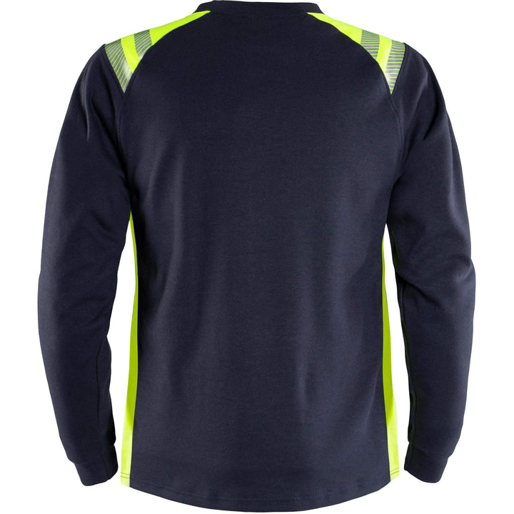 Fristads Womens Flamestat Arc and Multi-Protective Flame Retardant Long Sleeve T-Shirt - 7358 TFL Navy/Hi-Vis Yellow Back1#colour_navy-hi-vis-yellow
