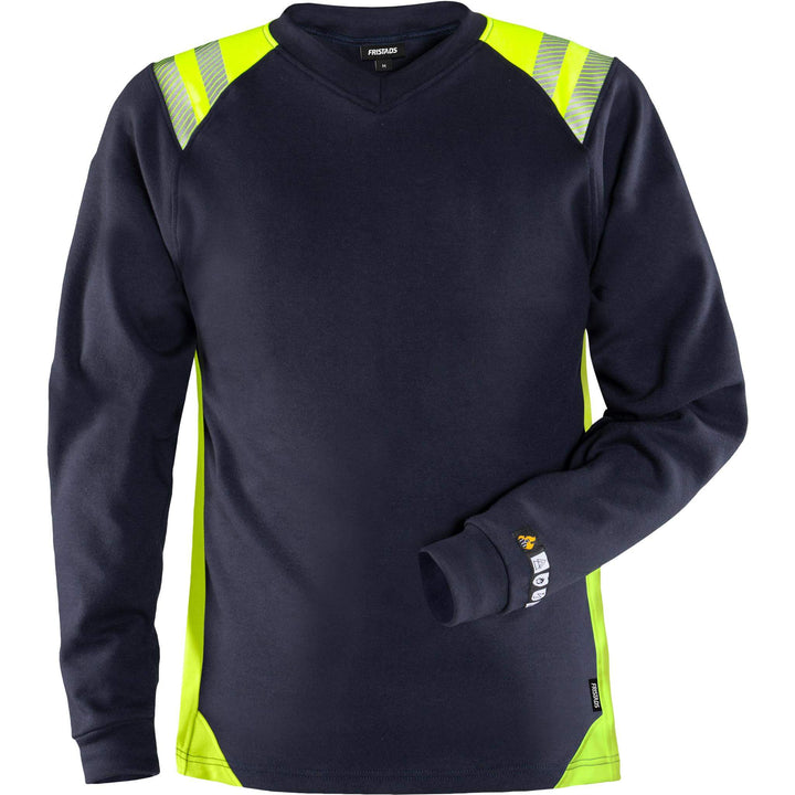 Fristads Womens Flamestat Arc and Multi-Protective Flame Retardant Long Sleeve T-Shirt - 7358 TFL Navy/Hi-Vis Yellow Front1#colour_navy-hi-vis-yellow