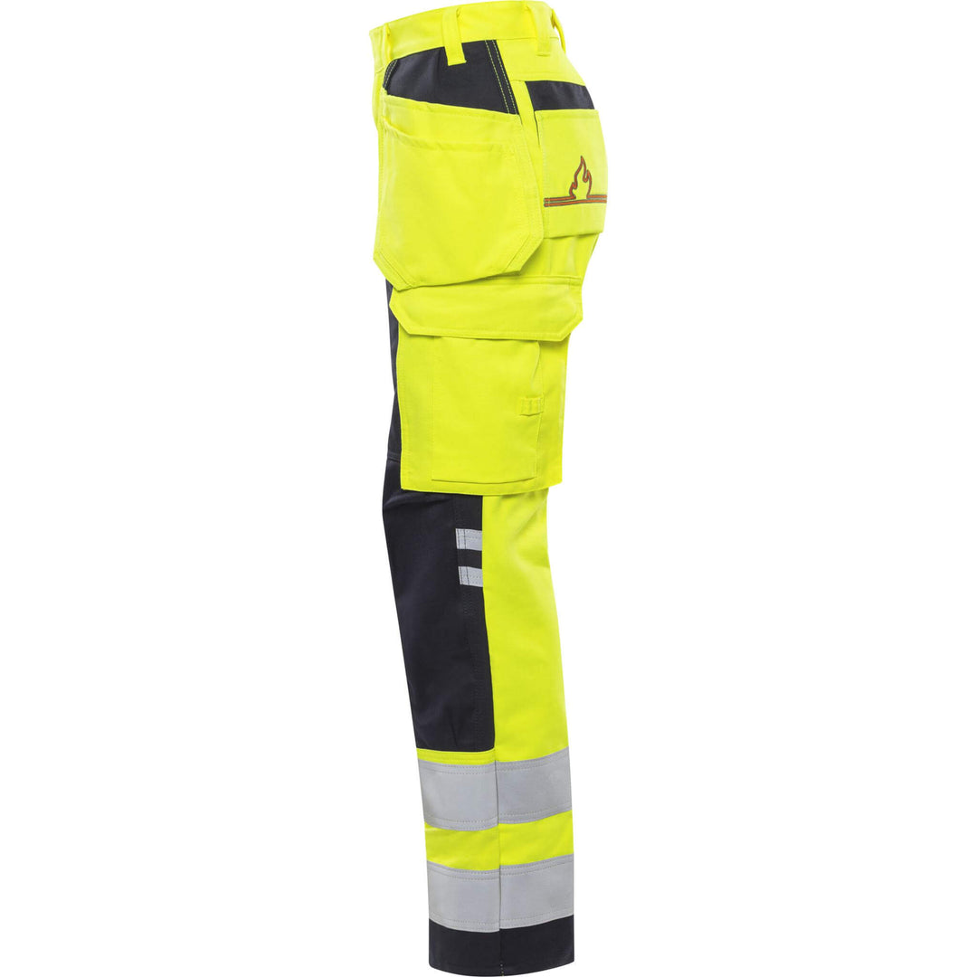 Fristads Womens Flamestat Hi-Vis Arc and Multi-Protective Flame Retardant Craftsman Holster Pocket Trousers Class 2 - 2775 ATHS Hi-Vis Yellow/Navy Back2#colour_hi-vis-yellow-navy