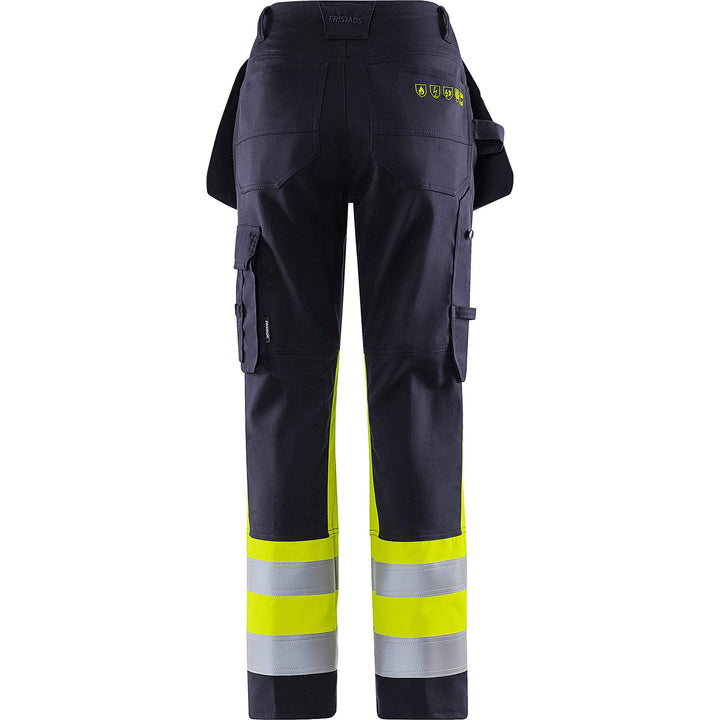 Fristads Womens Flamestat Hi-Vis Arc and Multi-Protective Flame Retardant Craftsman Stretch Trousers Class 1 - 2171 ATHF Hi-Vis Yellow/Navy Back1#colour_hi-vis-yellow-navy