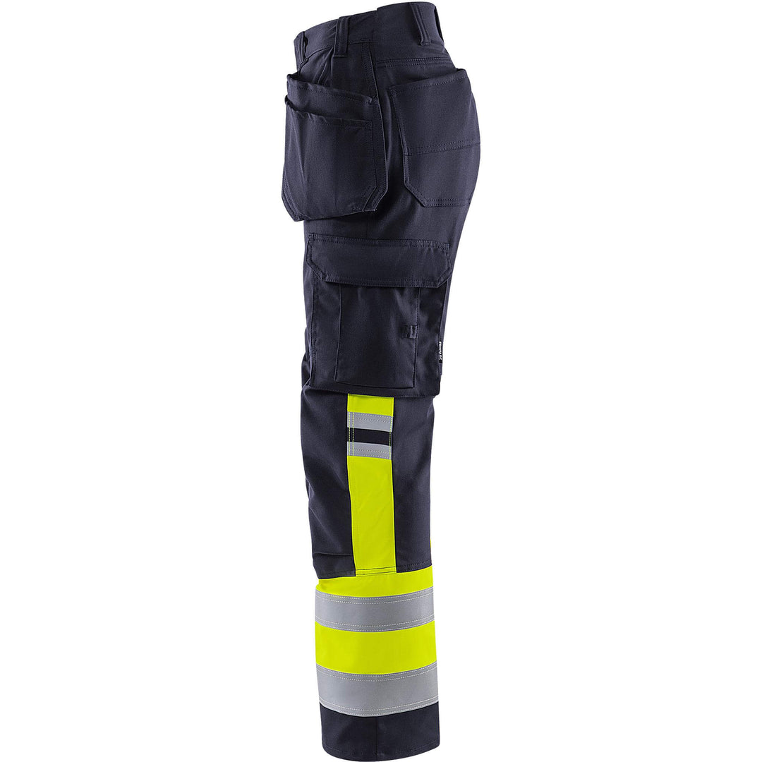 Fristads Womens Flamestat Hi-Vis Arc and Multi-Protective Flame Retardant Craftsman Stretch Trousers Class 1 - 2171 ATHF Hi-Vis Yellow/Navy Back2#colour_hi-vis-yellow-navy