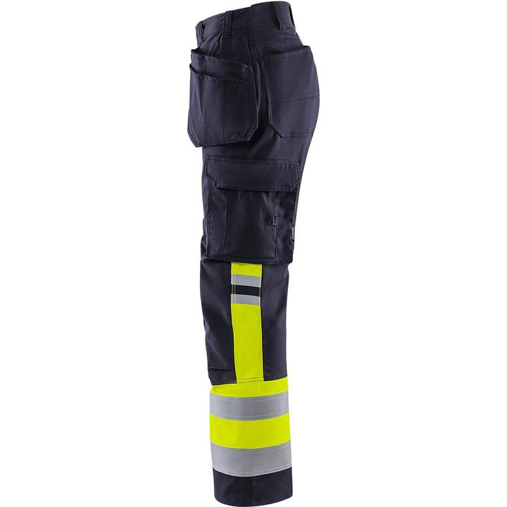 Fristads Womens Flamestat Hi-Vis Arc and Multi-Protective Flame Retardant Craftsman Stretch Trousers Class 1 - 2171 ATHF Hi-Vis Yellow/Navy Back2#colour_hi-vis-yellow-navy
