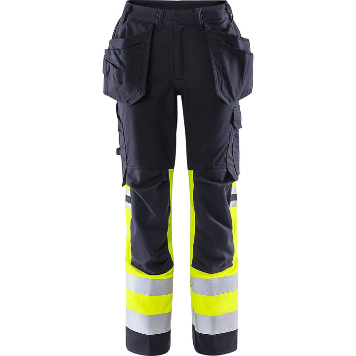 Fristads Womens Flamestat Hi-Vis Arc and Multi-Protective Flame Retardant Craftsman Stretch Trousers Class 1 - 2171 ATHF Hi-Vis Yellow/Navy Front1#colour_hi-vis-yellow-navy