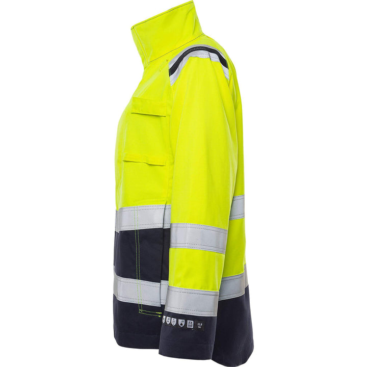 Fristads Womens Flamestat Hi-Vis Arc and Multi-Protective Flame Retardant Jacket Class 3 - 4275 ATHS Hi-Vis Yellow/Navy Back2#colour_hi-vis-yellow-navy