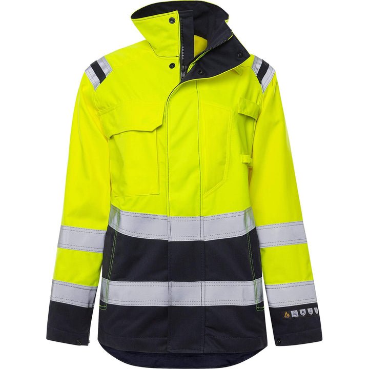 Fristads Womens Flamestat Hi-Vis Arc and Multi-Protective Flame Retardant Jacket Class 3 - 4275 ATHS Hi-Vis Yellow/Navy Front1#colour_hi-vis-yellow-navy