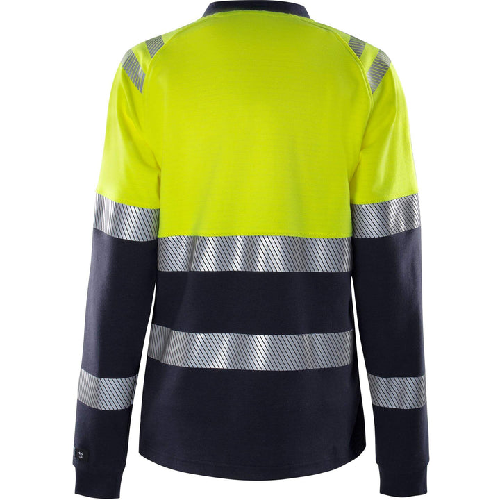 Fristads Womens Flamestat Hi-Vis Arc and Multi-Protective Flame Retardant Long Sleeve T-Shirt Class 1 - 7108 TFL Hi-Vis Yellow/Navy Back1#colour_hi-vis-yellow-navy