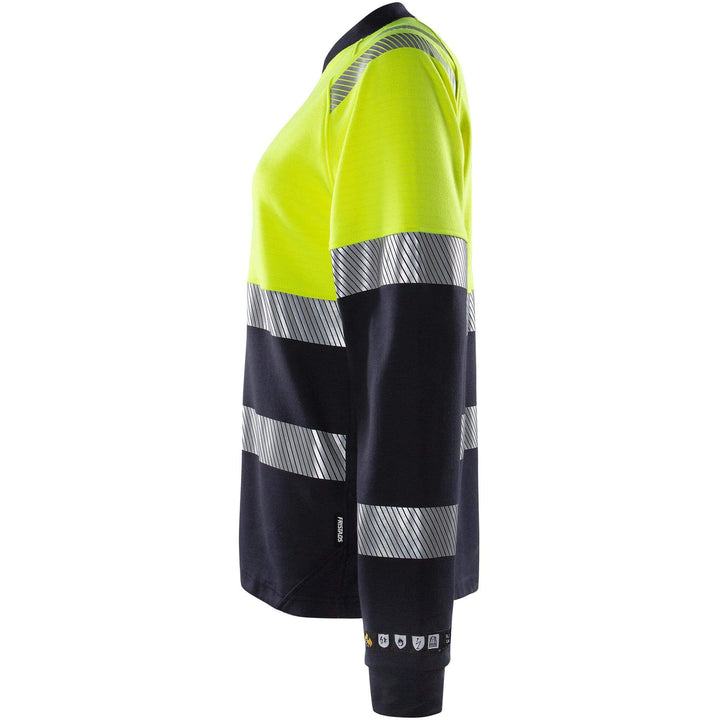 Fristads Womens Flamestat Hi-Vis Arc and Multi-Protective Flame Retardant Long Sleeve T-Shirt Class 1 - 7108 TFL Hi-Vis Yellow/Navy Detail1#colour_hi-vis-yellow-navy