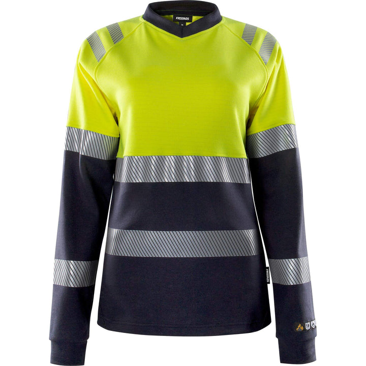 Fristads Womens Flamestat Hi-Vis Arc and Multi-Protective Flame Retardant Long Sleeve T-Shirt Class 1 - 7108 TFL Hi-Vis Yellow/Navy Front1#colour_hi-vis-yellow-navy