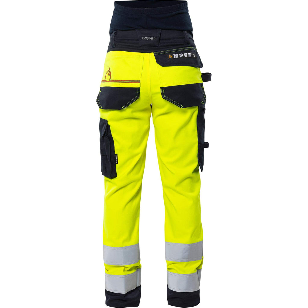 Fristads Womens Flamestat Hi-Vis Arc and Multi-Protective Flame Retardant Maternity Stretch Trousers Class 2 - 2507 ATHF Hi-Vis Yellow/Navy Back1#colour_hi-vis-yellow-navy