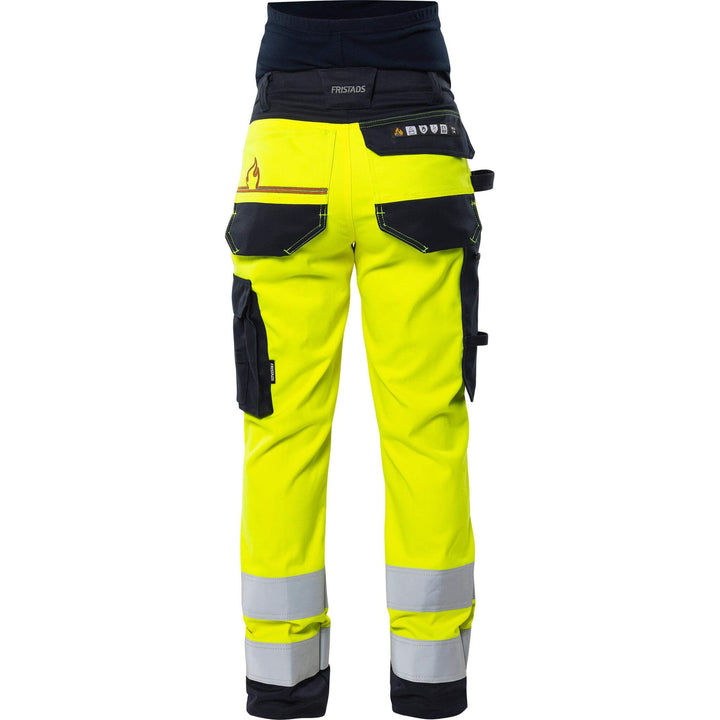 Fristads Womens Flamestat Hi-Vis Arc and Multi-Protective Flame Retardant Maternity Stretch Trousers Class 2 - 2507 ATHF Hi-Vis Yellow/Navy Back1#colour_hi-vis-yellow-navy