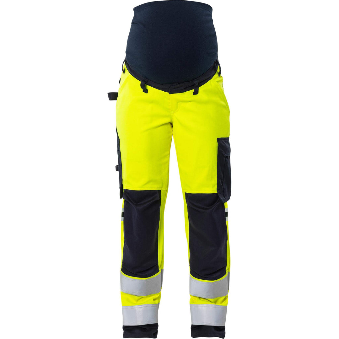 Fristads Womens Flamestat Hi-Vis Arc and Multi-Protective Flame Retardant Maternity Stretch Trousers Class 2 - 2507 ATHF Hi-Vis Yellow/Navy Front1#colour_hi-vis-yellow-navy