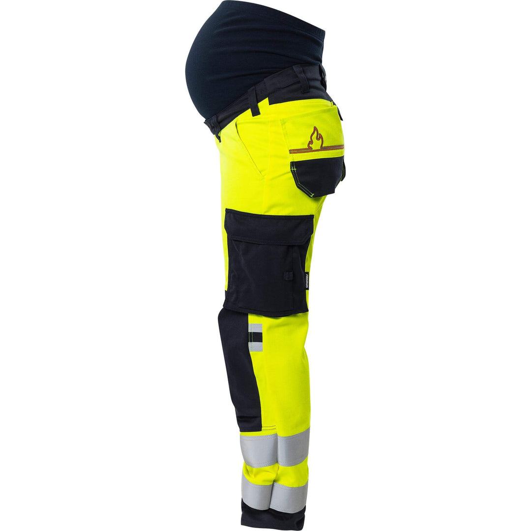 Fristads Womens Flamestat Hi-Vis Arc and Multi-Protective Flame Retardant Maternity Stretch Trousers Class 2 - 2507 ATHF Hi-Vis Yellow/Navy Front2#colour_hi-vis-yellow-navy