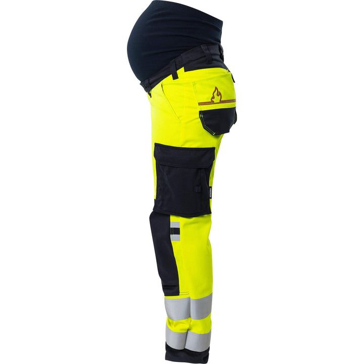 Fristads Womens Flamestat Hi-Vis Arc and Multi-Protective Flame Retardant Maternity Stretch Trousers Class 2 - 2507 ATHF Hi-Vis Yellow/Navy Front2#colour_hi-vis-yellow-navy