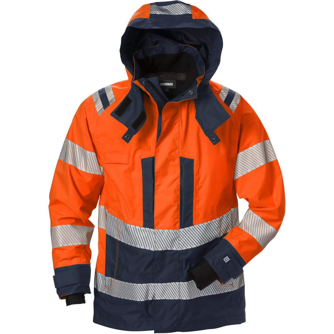 Fristads Womens Hi-Vis Airtech Waterproof Breathable Shell Jacket Class 3 - 4518 GTT Hi-Vis Orange/Navy Front1#colour_hi-vis-orange-navy