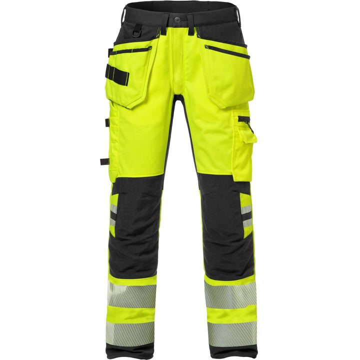 Fristads Womens Hi-Vis Craftsman Cordura Holster Pocket Stretch Trousers Class 2 - 2710 PLU Hi-Vis Yellow/Black Front1#colour_hi-vis-yellow-black