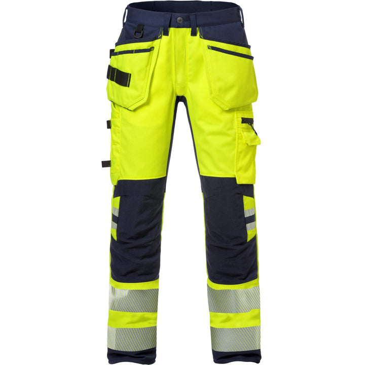 Fristads Womens Hi-Vis Craftsman Cordura Holster Pocket Stretch Trousers Class 2 - 2710 PLU Hi-Vis Yellow/Navy Front1#colour_hi-vis-yellow-navy