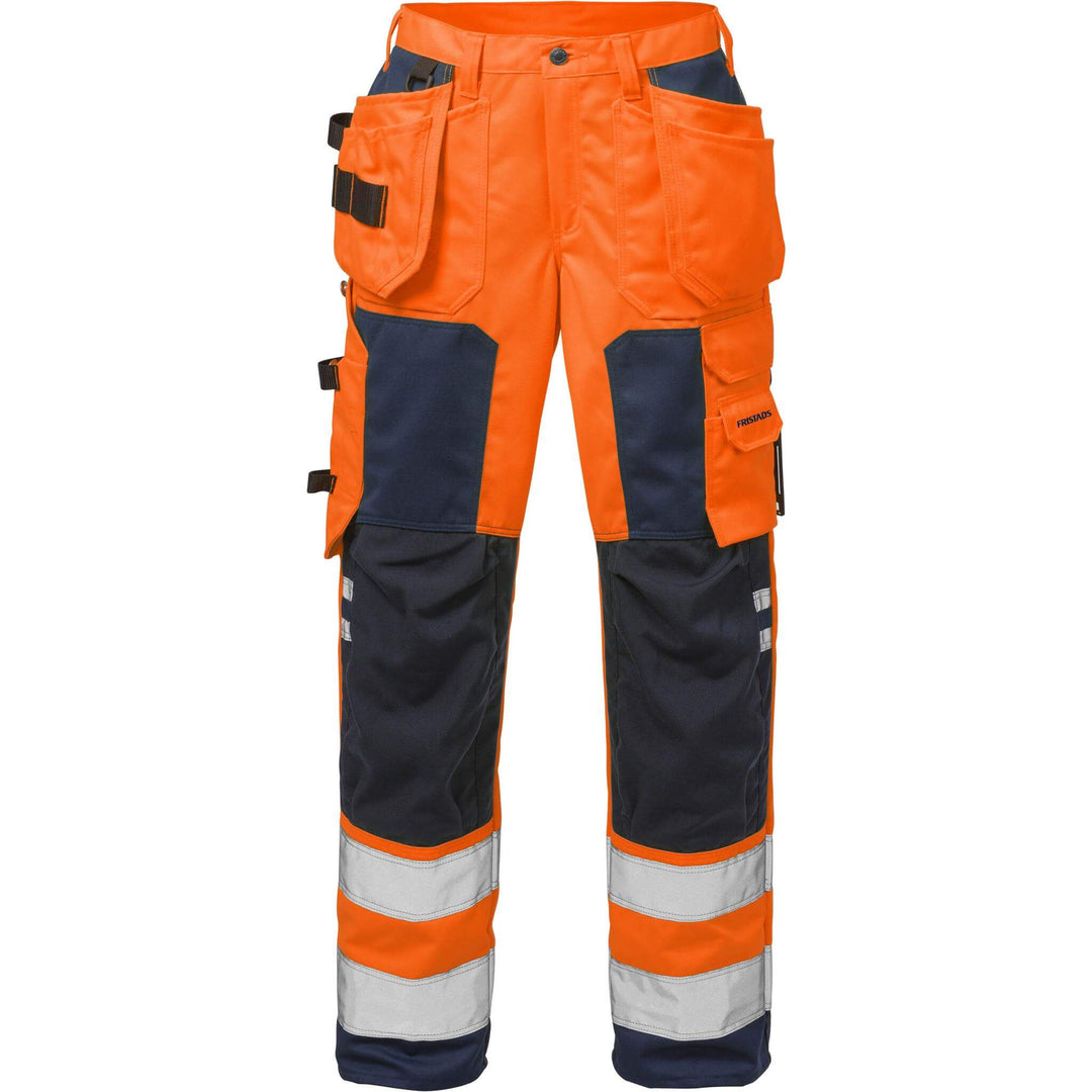 Fristads Womens Hi-Vis Craftsman Holster Pocket Trousers Class 2 - 2125 PLU Hi-Vis Orange/Navy Front1#colour_hi-vis-orange-navy