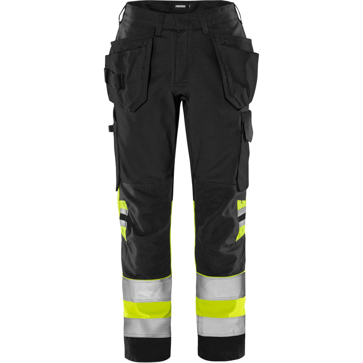 Fristads Womens Hi-Vis Craftsman Lightweight Holster Pocket Trousers Class 1 - 2670 GPLU Hi-Vis Yellow/Black Front1#colour_hi-vis-yellow-black