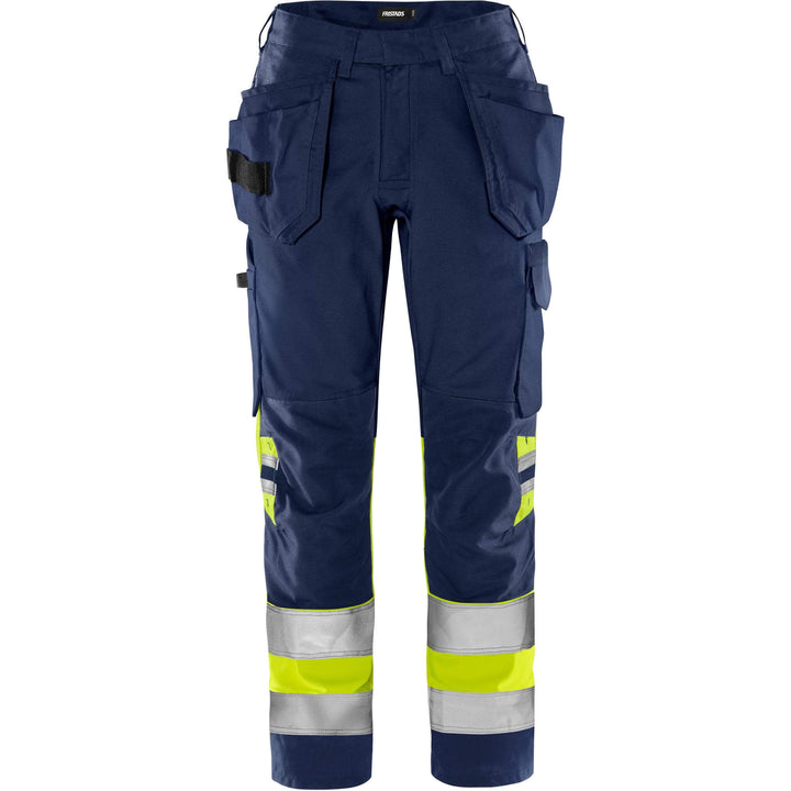 Fristads Womens Hi-Vis Craftsman Lightweight Holster Pocket Trousers Class 1 - 2670 GPLU Hi-Vis Yellow/Navy Front1#colour_hi-vis-yellow-navy