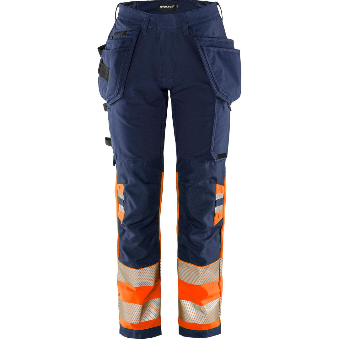 Fristads Womens Hi-Vis Green Craftsman 4-Way-Stretch Holster Pocket Trousers Class 1 - 2663 GSTP Hi-Vis Orange/Navy Front1#colour_hi-vis-orange-navy