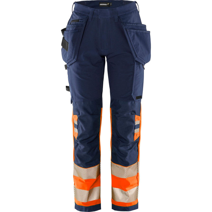Fristads Womens Hi-Vis Green Craftsman 4-Way-Stretch Holster Pocket Trousers Class 1 - 2663 GSTP Hi-Vis Orange/Navy Front1#colour_hi-vis-orange-navy