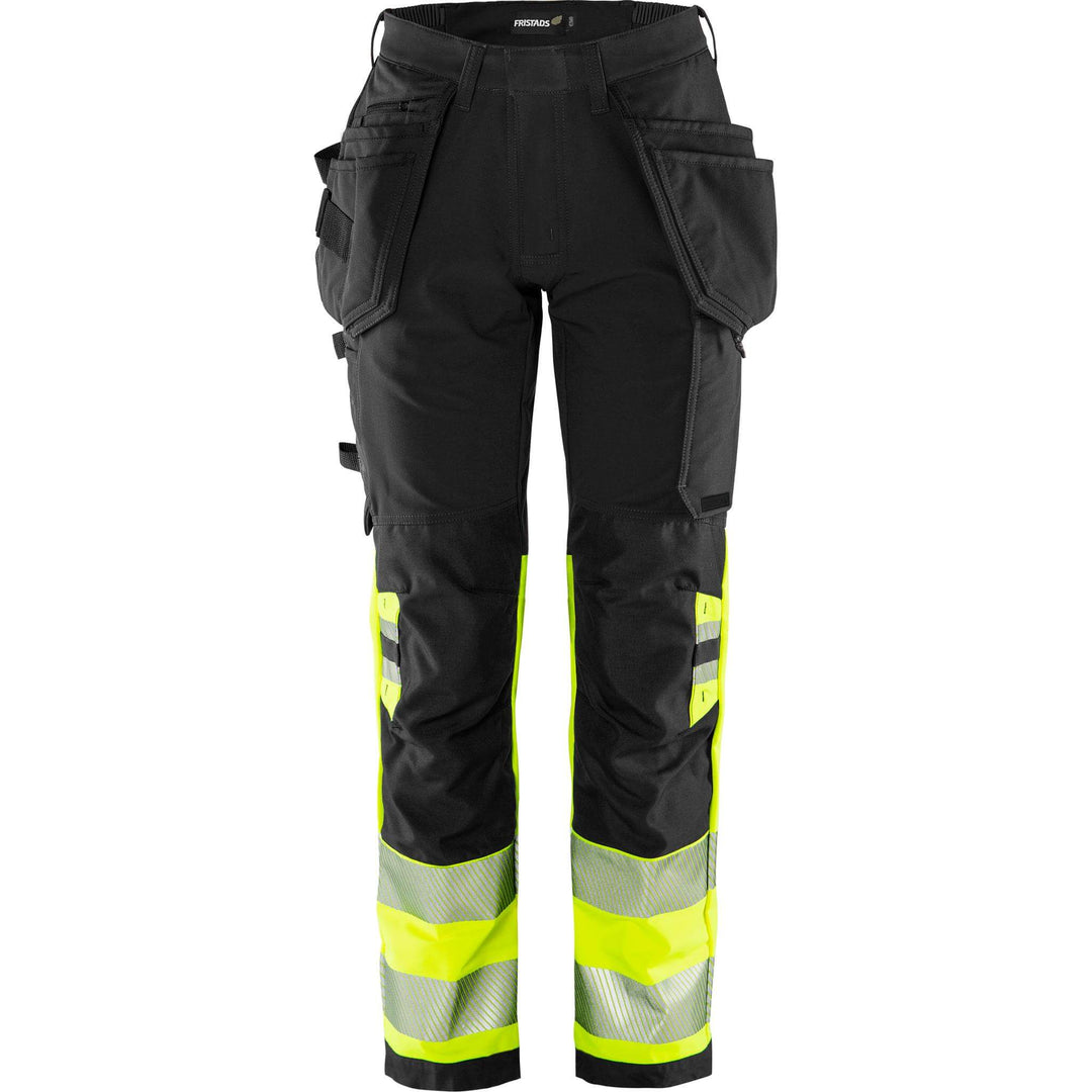 Fristads Womens Hi-Vis Green Craftsman 4-Way-Stretch Holster Pocket Trousers Class 1 - 2663 GSTP Hi-Vis Yellow/Black Front1#colour_hi-vis-yellow-black