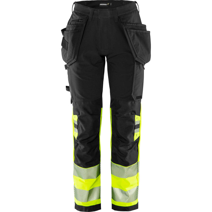 Fristads Womens Hi-Vis Green Craftsman 4-Way-Stretch Holster Pocket Trousers Class 1 - 2663 GSTP Hi-Vis Yellow/Black Front1#colour_hi-vis-yellow-black