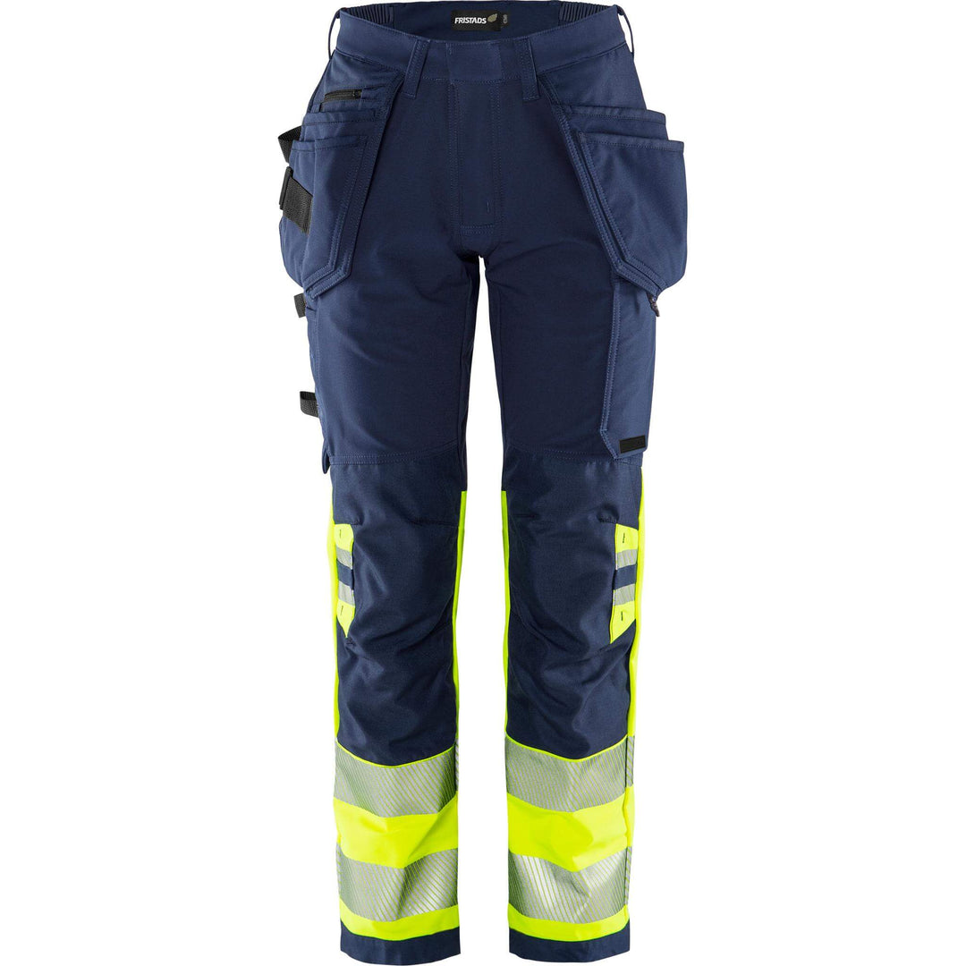 Fristads Womens Hi-Vis Green Craftsman 4-Way-Stretch Holster Pocket Trousers Class 1 - 2663 GSTP Hi-Vis Yellow/Navy Front1#colour_hi-vis-yellow-navy