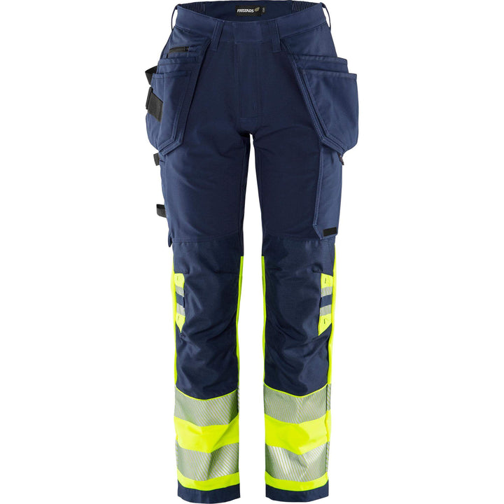 Fristads Womens Hi-Vis Green Craftsman 4-Way-Stretch Holster Pocket Trousers Class 1 - 2663 GSTP Hi-Vis Yellow/Navy Front1#colour_hi-vis-yellow-navy