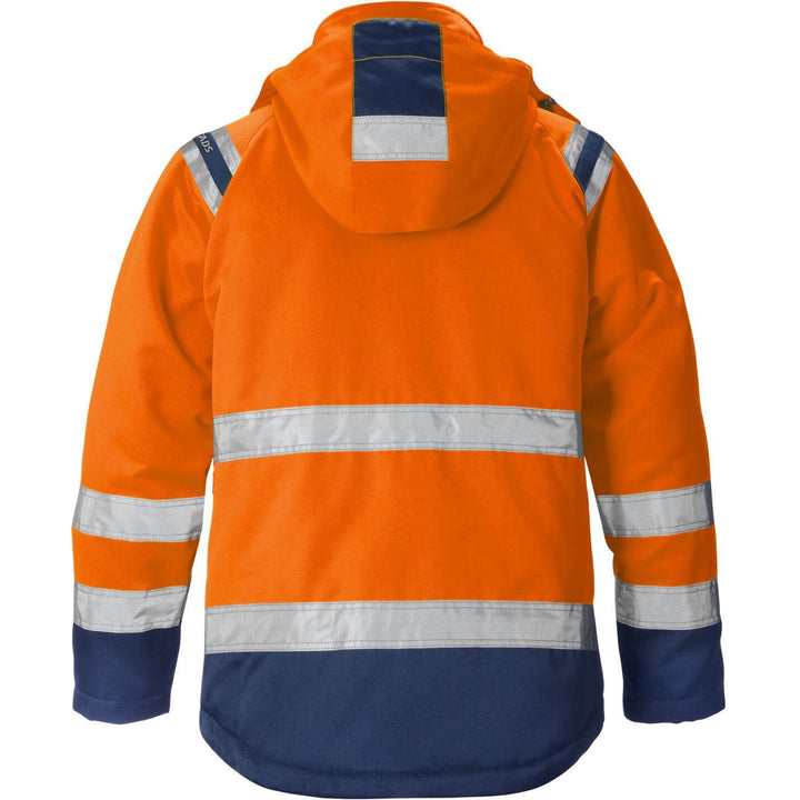 Fristads Womens Hi-Vis Insulated Winter Jacket Class 3 - 4143 PP Hi-Vis Orange/Navy Back1#colour_hi-vis-orange-navy