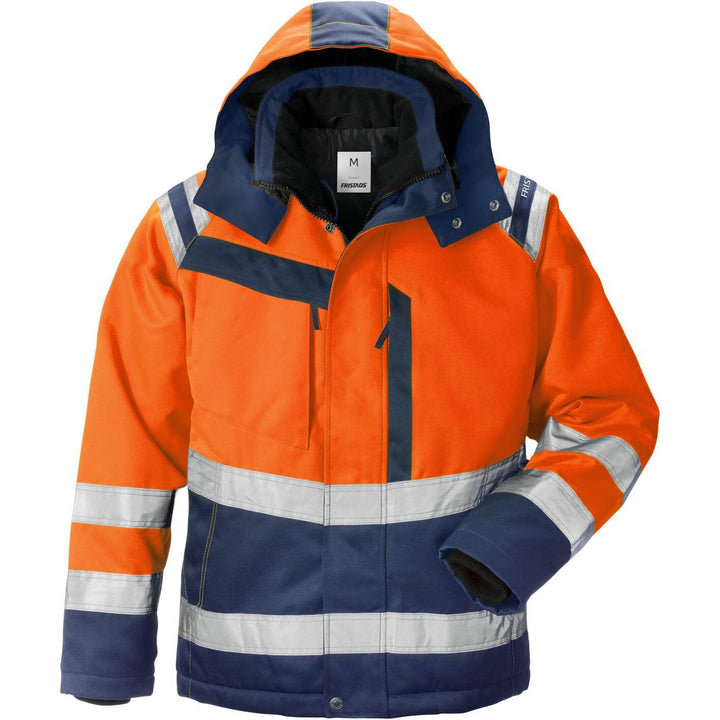 Fristads Womens Hi-Vis Insulated Winter Jacket Class 3 - 4143 PP Hi-Vis Orange/Navy Front1#colour_hi-vis-orange-navy
