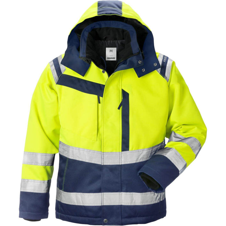 Fristads Womens Hi-Vis Insulated Winter Jacket Class 3 - 4143 PP Hi-Vis Yellow/Navy Front1#colour_hi-vis-yellow-navy